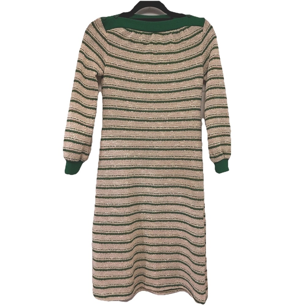 Vtg 1970 Jerell of Texas Green Beige Metallic‎ Striped Sweater Sheath Dress Sz 5